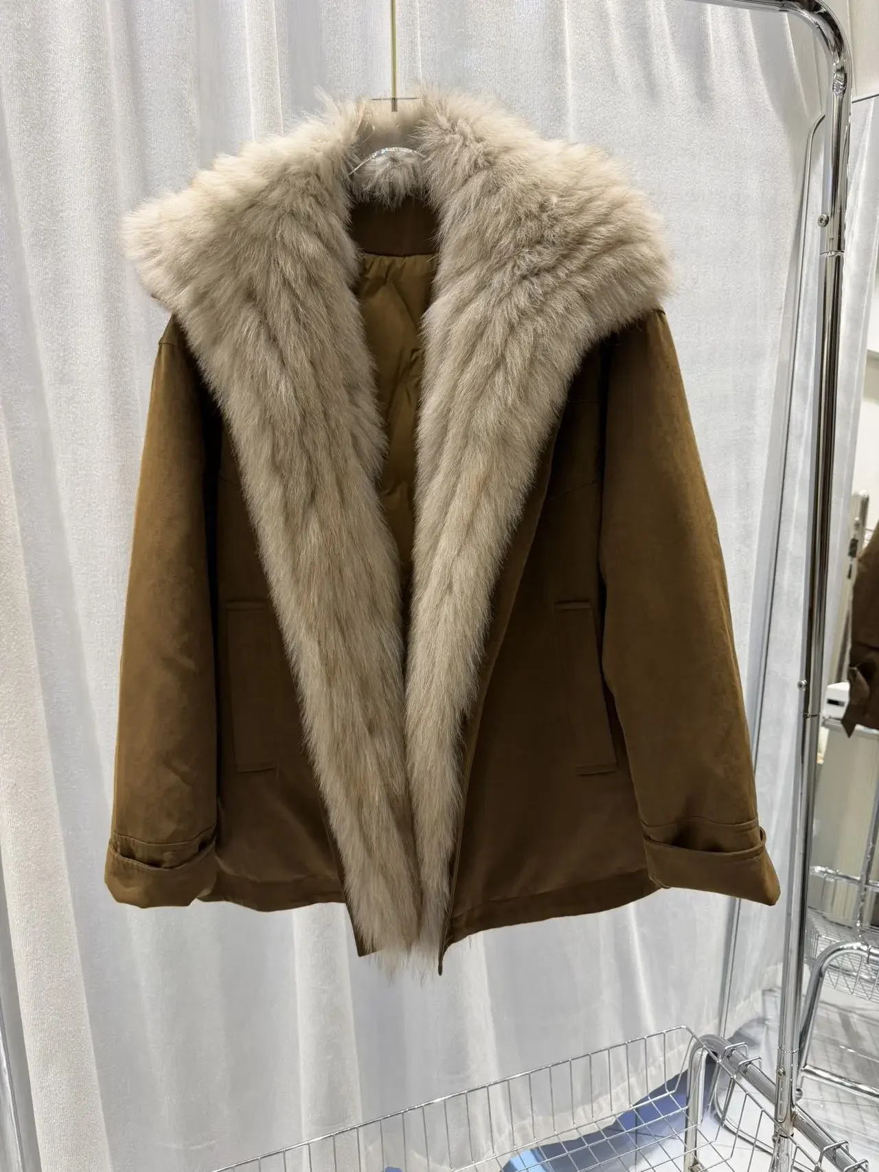 OFTBUY Winter Warm Real Suede Jacket Button Thick Padded Fashion Loose Outerwear Women Luxury Fox Fur Collar Goose Down Parka