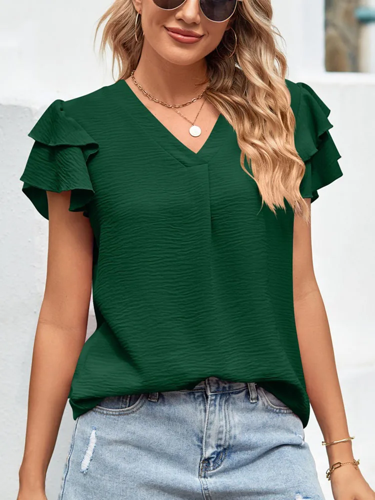 Women\'s White Blouses Summer V-neck Ruffles Short-sleeve Loose Casual Shirt Women Vintage Pullover Top Streetwear Female Clothes