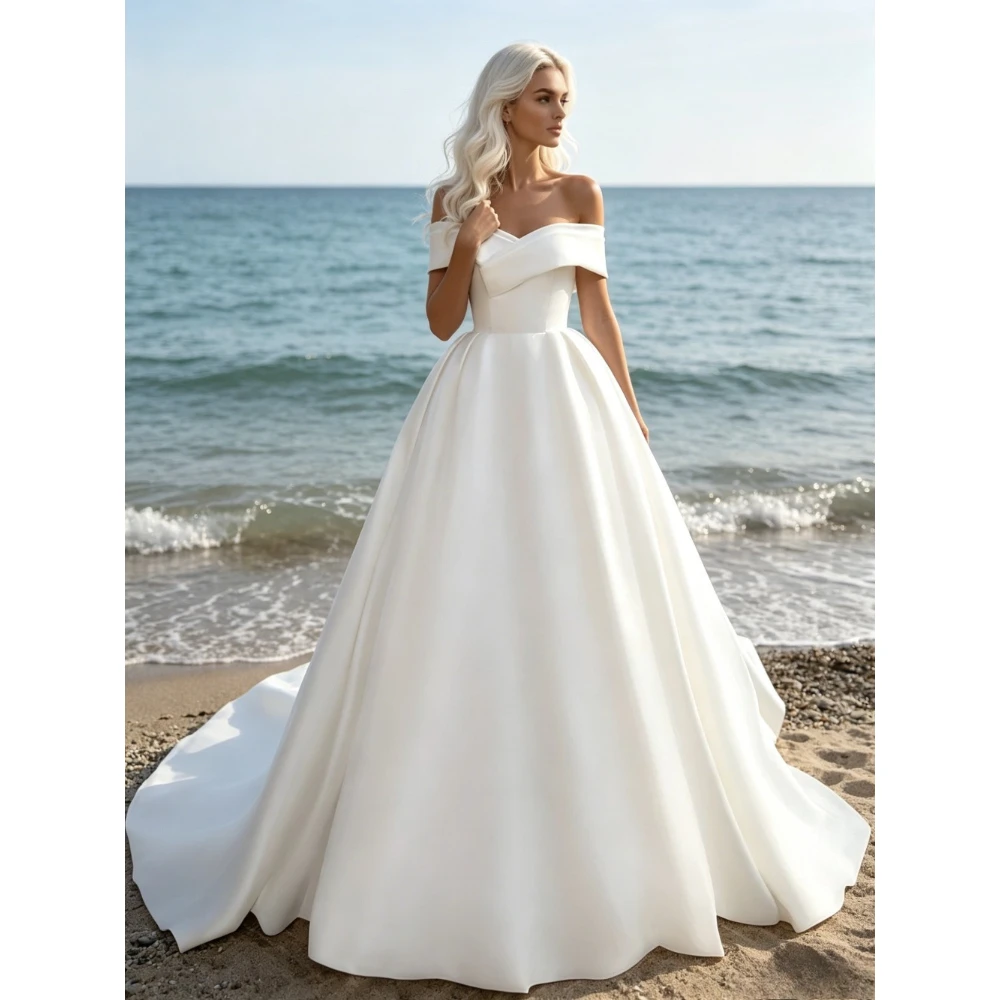 

Customized off shoulder satin A-line wedding dresses suitable for dinner parties Long and elegant pleated wedding dress simple