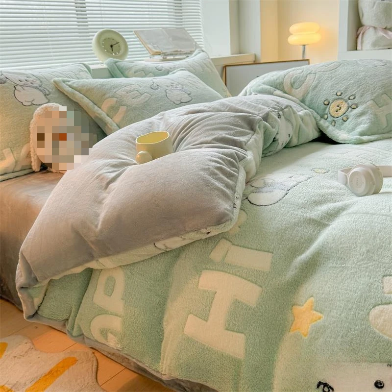 Cartoon Milk Velvet Four Piece Set Winter Three Piece Bedding Set with Velvet Children's Warm Thermal Storage Plush Quilt Cover