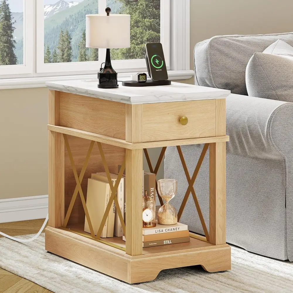 

Natural Walnut End Table with Outlets, Nightstand with Drawer and Storage, Rustic Side Table for Living and Bedroom