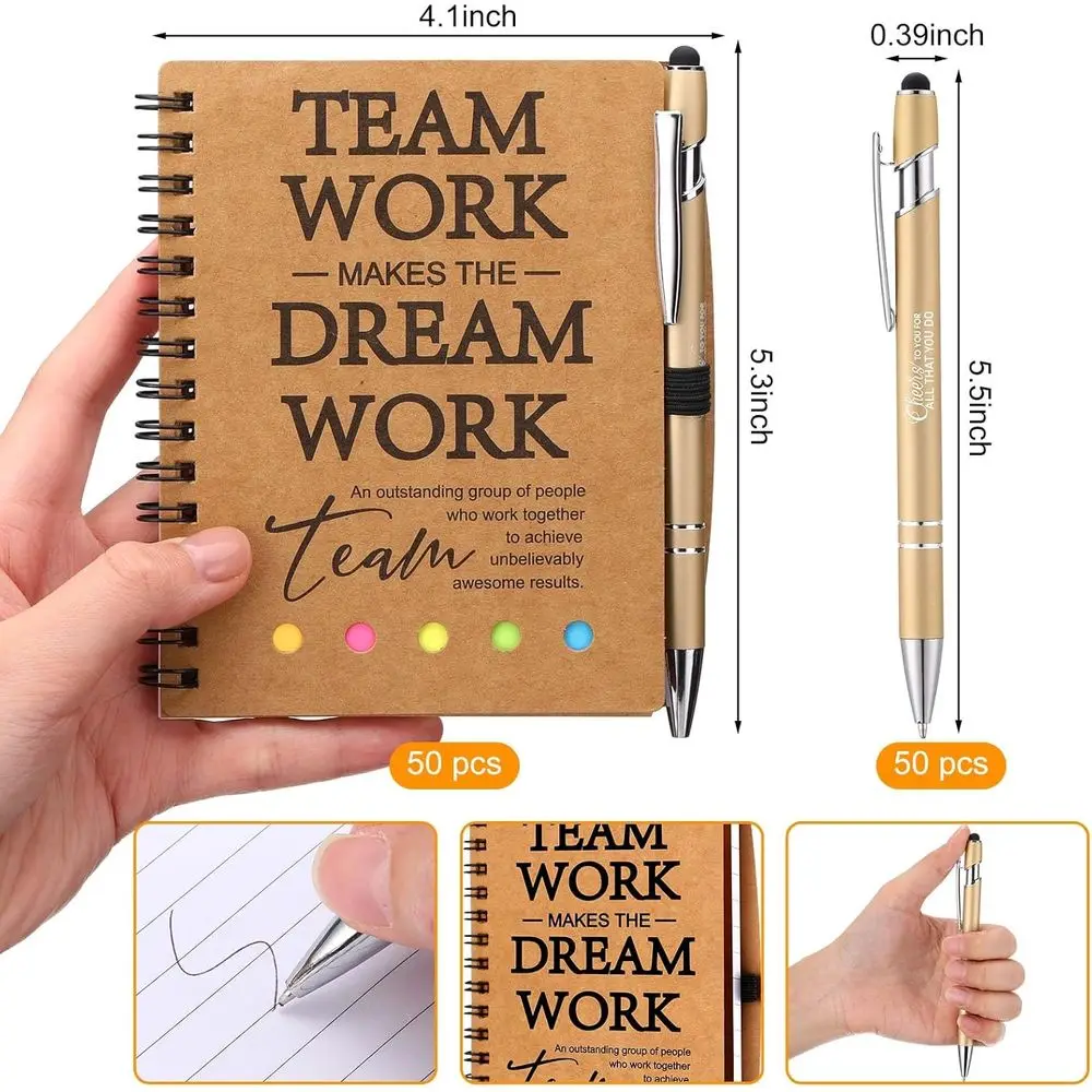 Bulk Bamboo Pen Set with Spiral Notebook and Sticky Notepad Tabs for Team and Nurse Appreciation