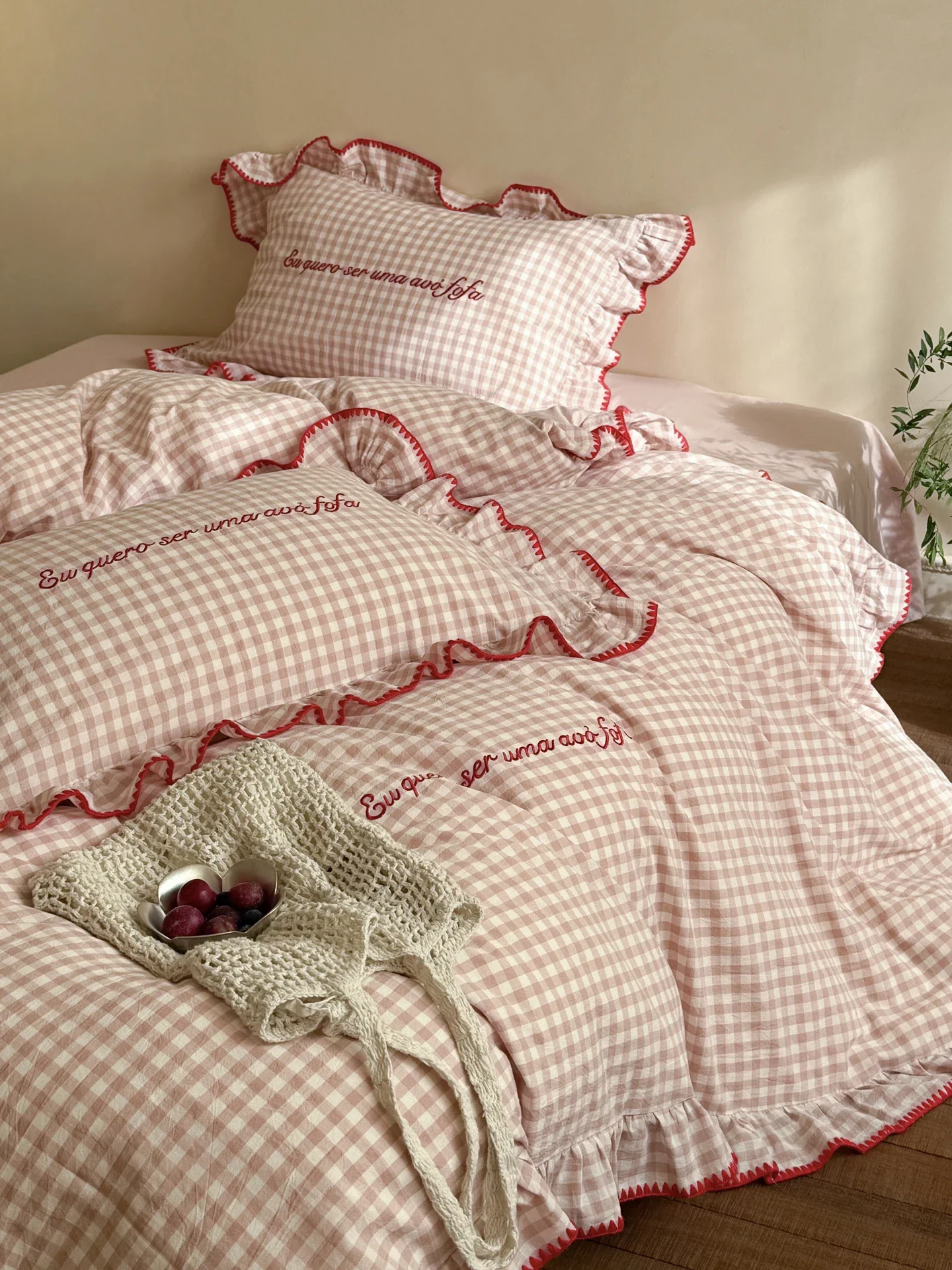 Girl's heart cotton washed cotton four-piece set princess style pure cotton plaid lace quilt cover bed sheet bedding