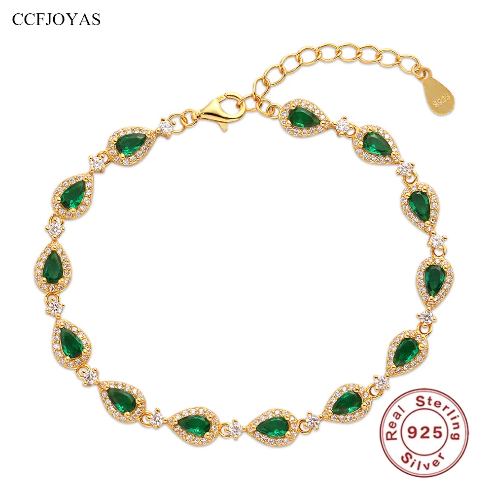 CCFJOYAS 100% 925 Sterling Silver Emerald Zircon Bracelet for Women European and American Light Luxury Retro Bracelet Jewelry