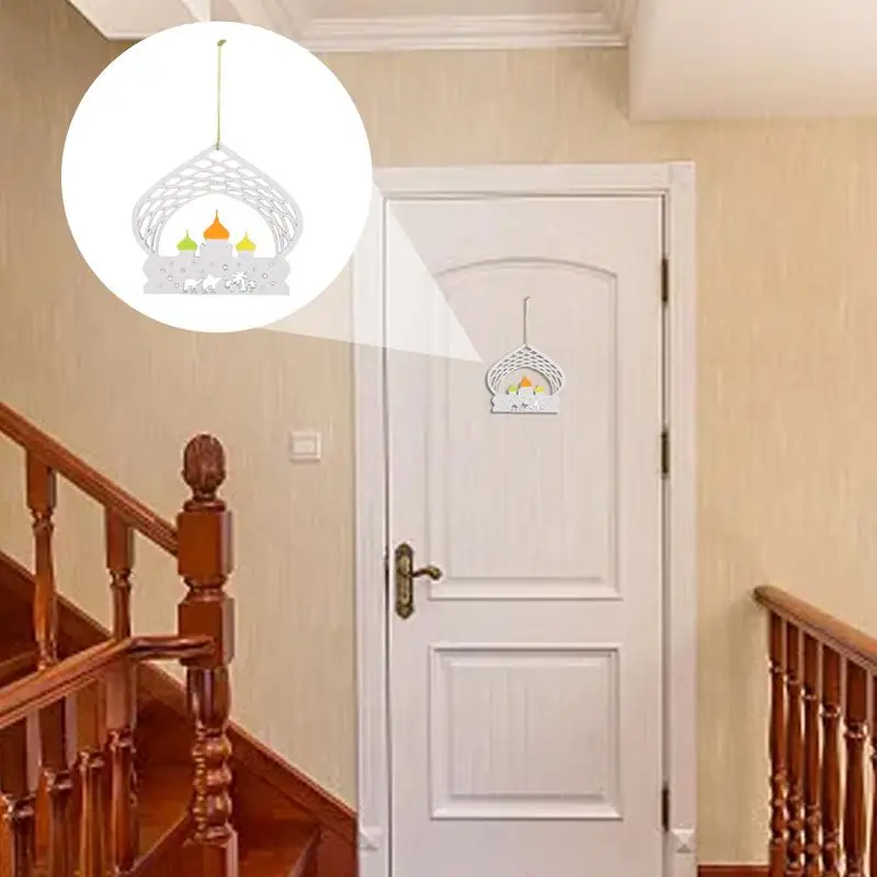 Eid Wooden Ornaments Wooden Castle-Inspired Hang Ornament With Lanyard Wooden Castle Pattern Decor Door Pendant For Eid Al-Fitr