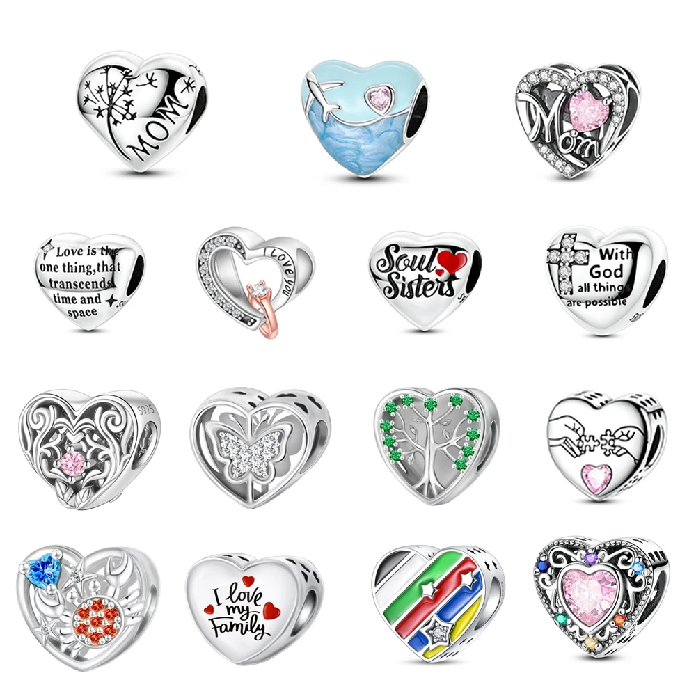 

925 Sterling Silver Mom Heart Dangle Charm Fit Original Bracelet Family Love Bead For Women Diy Jewelry Making Mother'S Day Gift