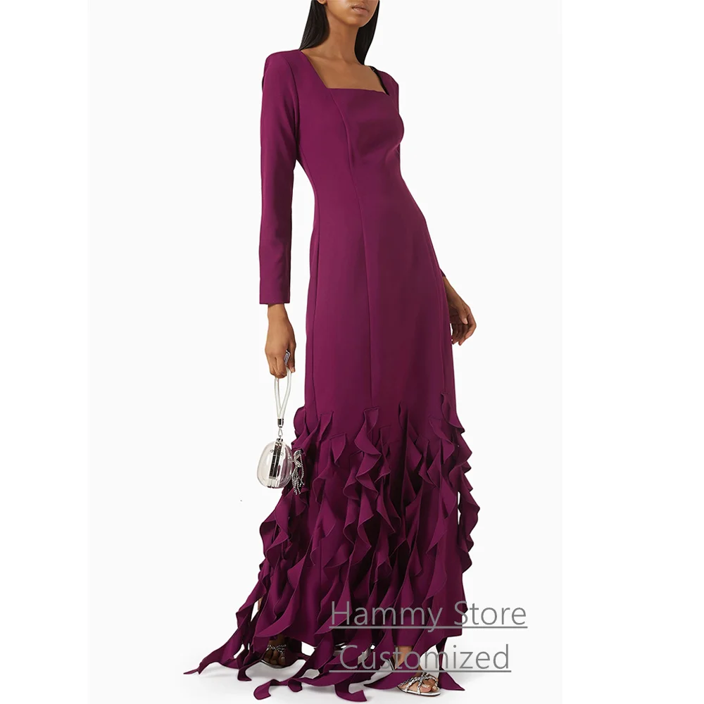 فستان سهرة بشرابة مخصص برقبة مربعة وأكمام طويلة بطول الأرض وفتحة خلفية مناسبة رسمية فساتين حفلات عربية