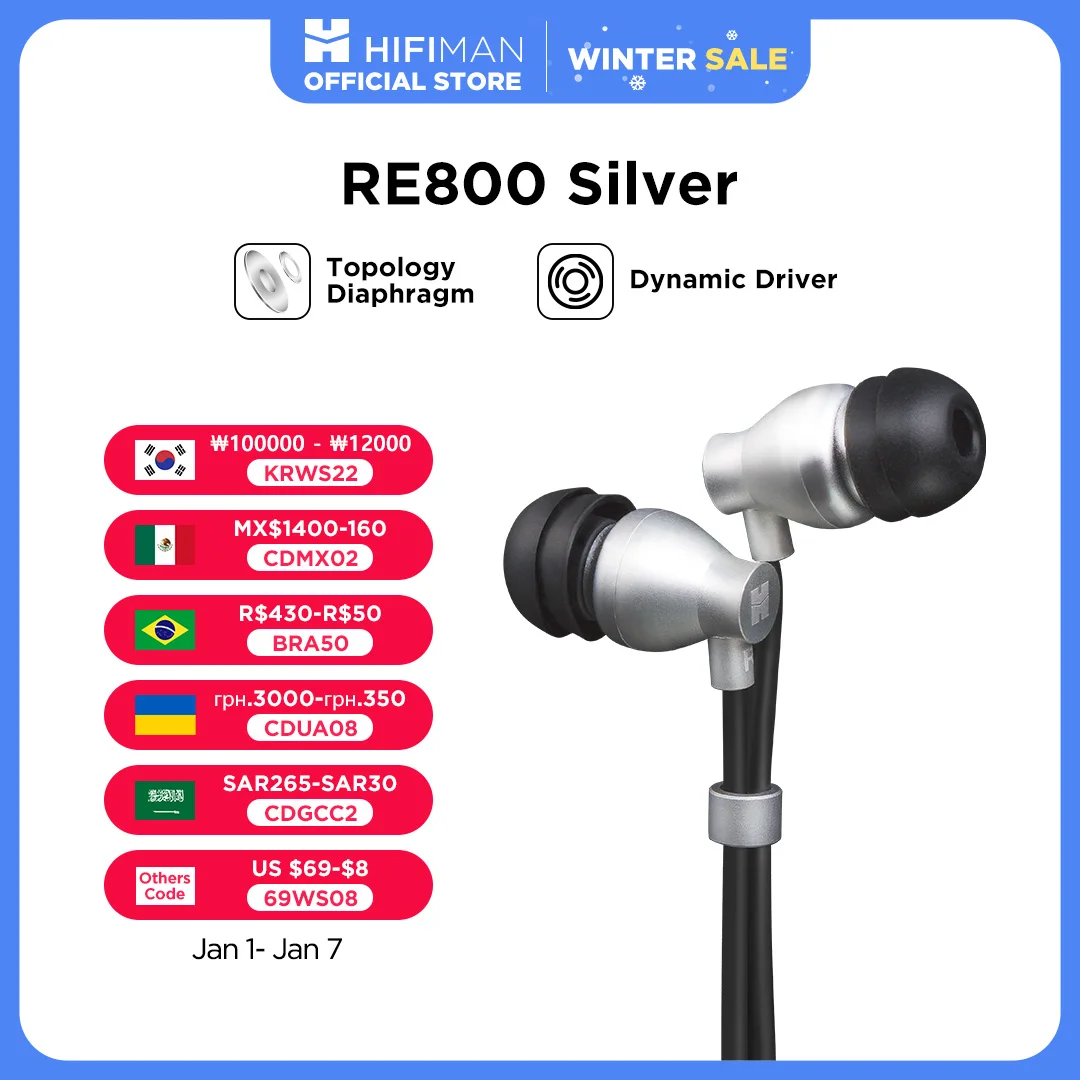 HIFIMAN RE800 Silver Dynamic Driver with Topology Diaphragm Ergonomic Fit Wired Hi-Fi In-Ear Earphones for Audiophiles