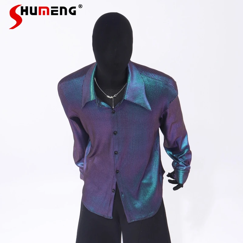 

2025 Autumn New Men's High-end Niche Design Tops Male Fashion Chic Gradient Color Shirts Men's Handsome Long-sleeve Thin Shirts