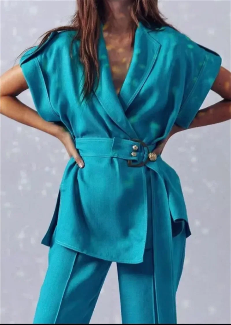 

Синий женский костюм-двойка: пиджак и брюки с поясом, короткий рукав, на заказ, для торжественных мероприятий, свадеб, выпускных вечеров, смокинг, пиджак для выпускного бала