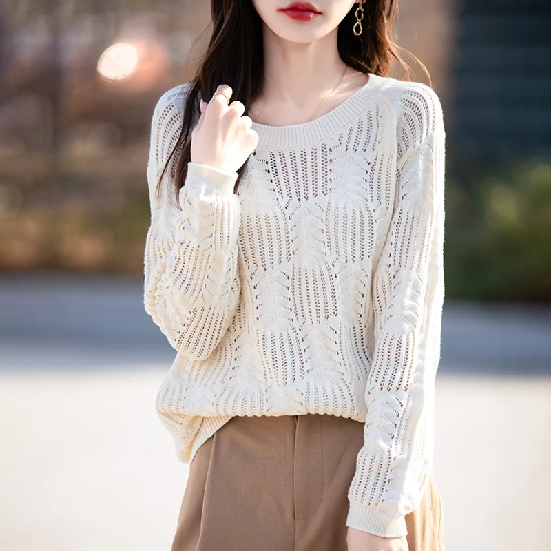 Spring and Autumn New Women\'s Sweater 100% Cotton Knitted Pullover Round Neck Fashion Mesh Large Sleeves Solid Color Tops