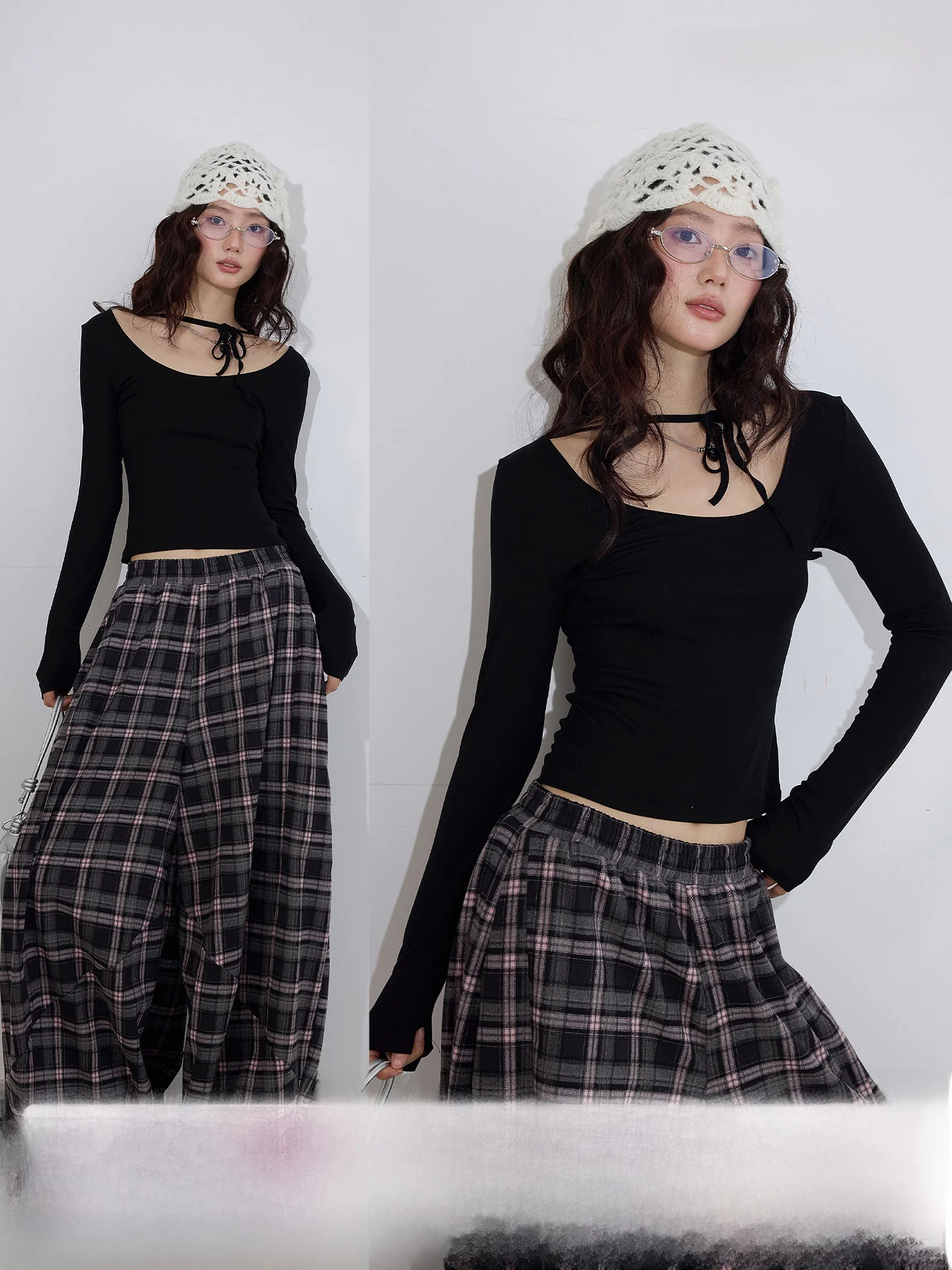 

Black Silk Long Sleeve Backless T-Shirt Women's Spring U-Neck Inner Wear Short Slim Fit Dance Top Casual Style round Neck Sho...