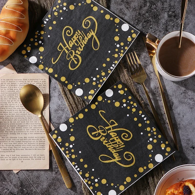 20pcs/Pac 33cm New Black and Gold Birthday Printing Paper Napkins Party Colorful Letter Happy Birthday Pure Wood Pulp Paper