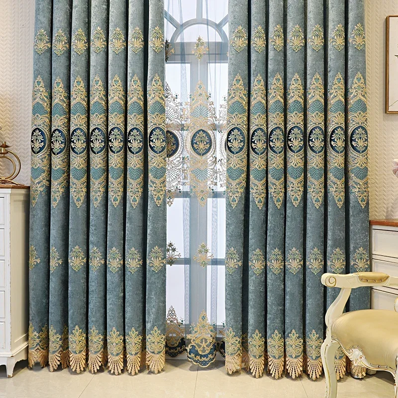 New Luxury Embroidered Curtains For Living Room And Bedroom Hall Blackout European Style Window Lace Blue Tulle Customization