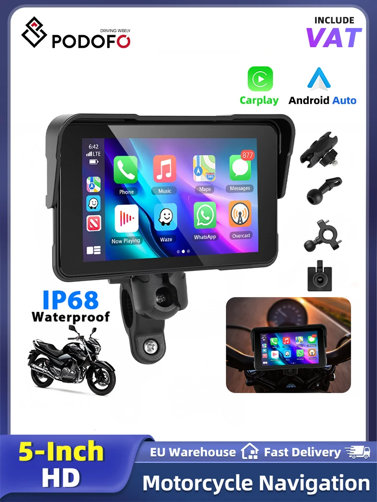 Podofo 5 Zoll Motorrad Smart Screen Player IP68 Wasserdichter Monitor Unterstützt Carplay Android Auto BT-Verbindung Helligkeitseinstellbare Motorrad-Multimedia-Anzeige