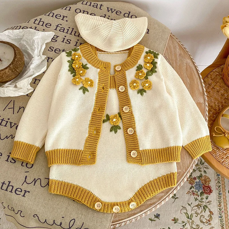 Autumn Winter Newborn Baby Girls Knitting Clothing Set Floral Embroidery Cardigan+Jumpsuit Infant Baby Knitted Clothes Suit