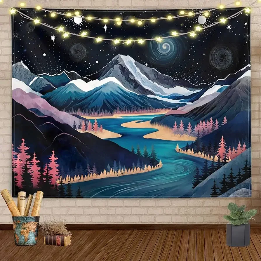 Mountain Tapestry Forest Tree Tapestry Natural Landscape Wall Hanging Home Decor Blanket for Bedroom Living Room Dorm Office