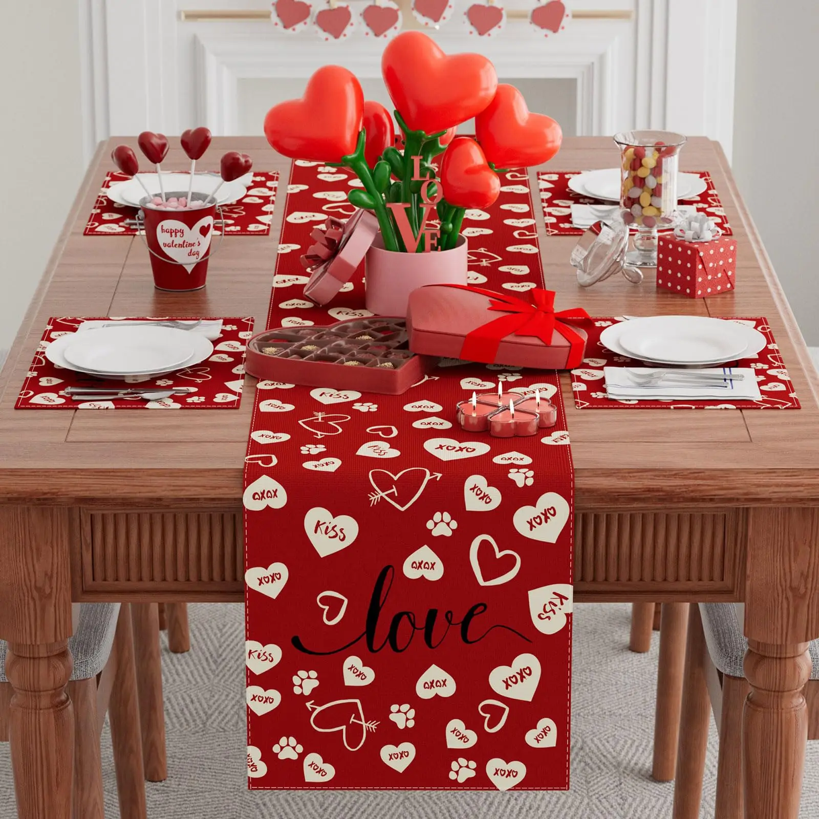 Love Hearts Red Valentine's Day Table Runner Table Decoration for Party Home Kitchen Dining Holiday Decor
