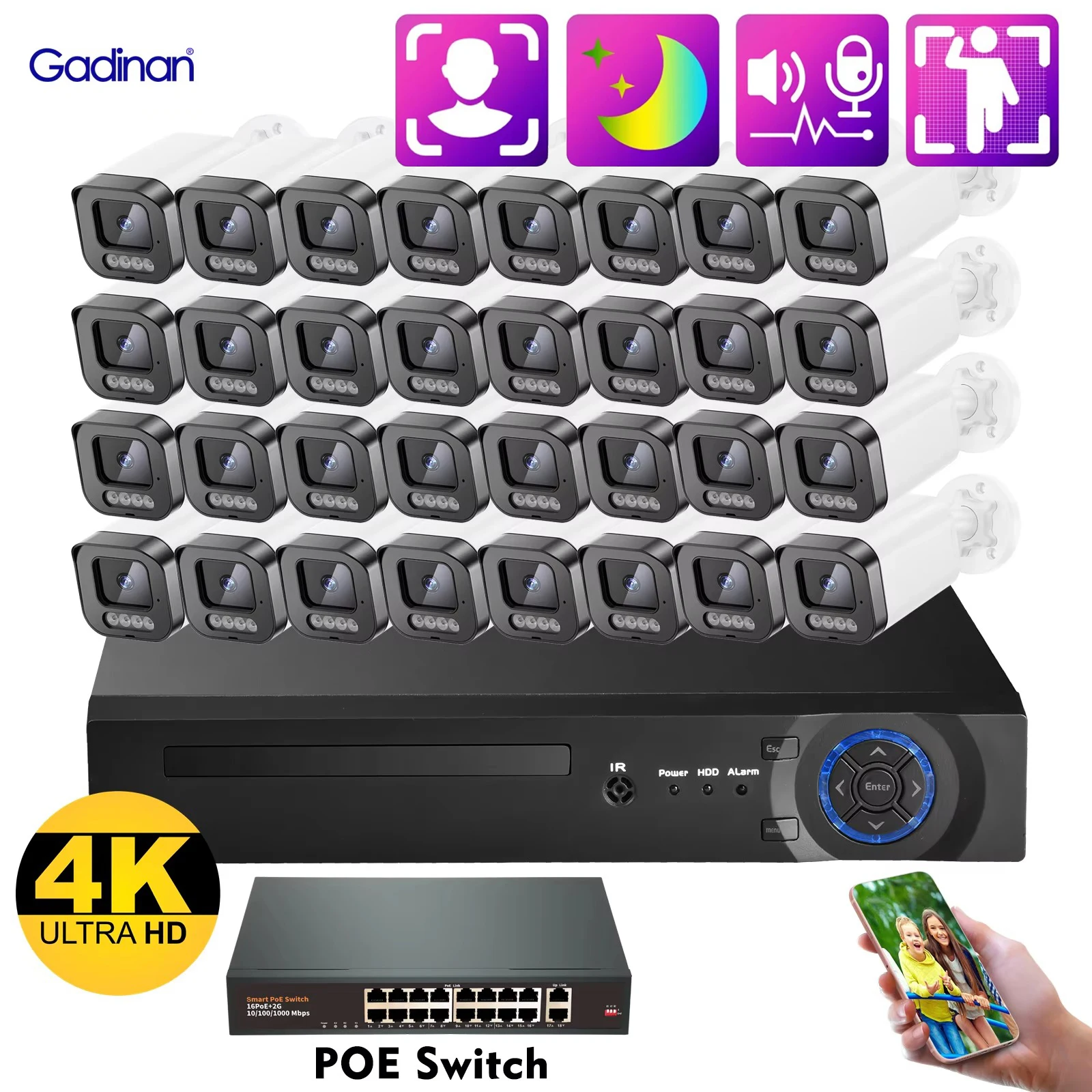 

Gadinan Face Detection 4K 8MP POE IP Camera Security System Kit Color Night Vision CCTV 32CH NVR 4MP Video Surveillance System