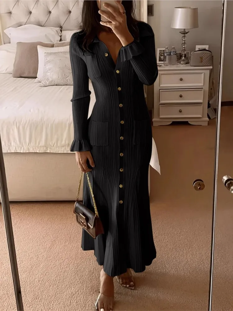 فستان محبوك أنيق للنساء ذو طية صدر السترة النحيفة وأكمام مضيئة وجيوب فساتين نسائية للخريف فساتين طويلة متينة فساتين عصرية #2