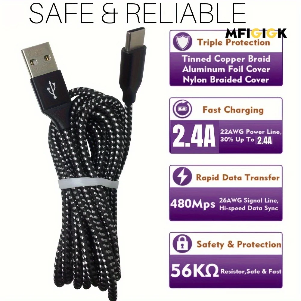 MFIGlGK [شاحن سريع] 5 قطع كابلات USB C من النوع C |   شاحن سريع، كابل بيانات 10 أقدام |   كابل شاحن سريع USB من النوع C