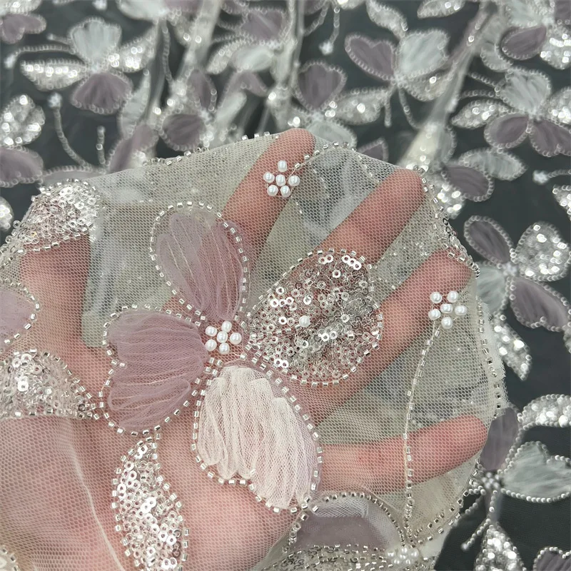 2 Yds/lot 150cm Wide Heavy Embroidered Cord Lace Fabric Beads Sequins DIY Material for Wedding Dresses Stage Costumes