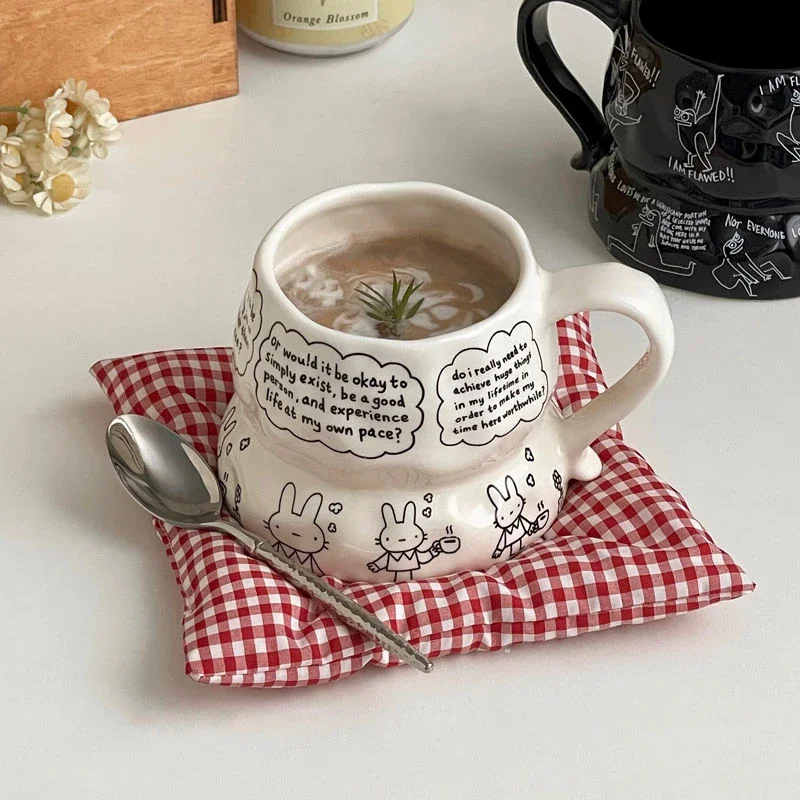 

Irregular Coffee Cup Cute Graffiti Afternoon Tea Mug High Appearance Level Text Rabbit Office Large Capacity Ceramic Mug