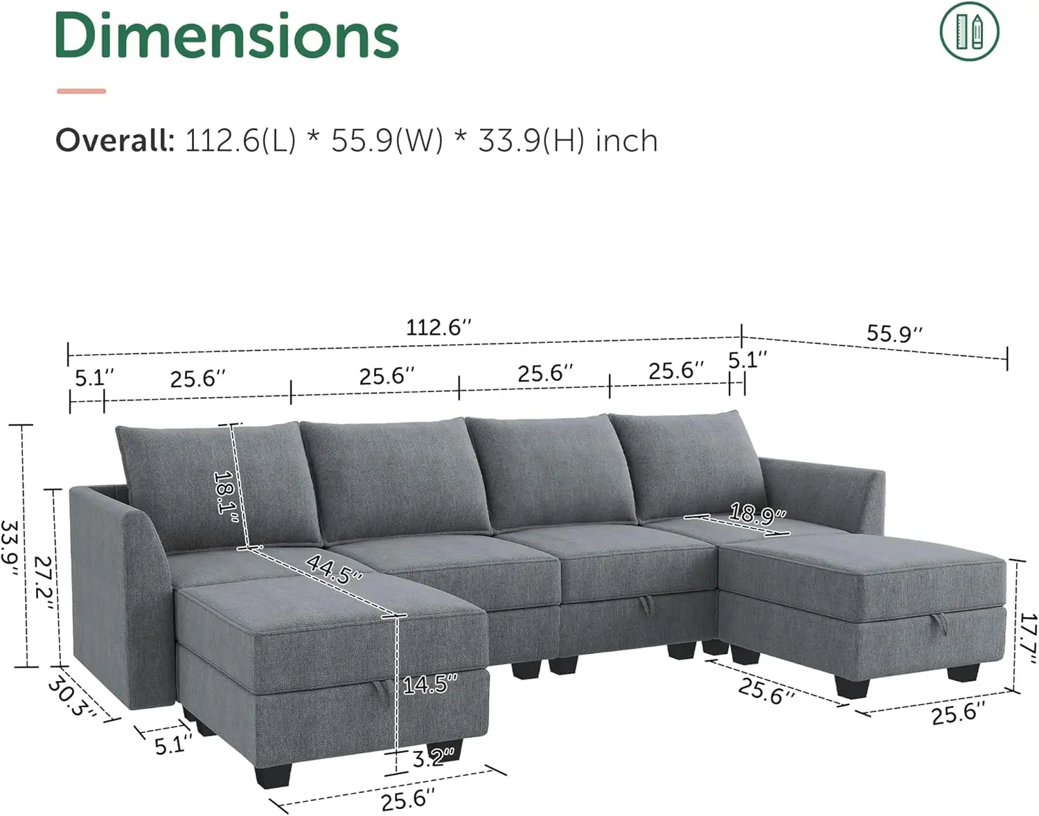 Modular Sectional Sofa U Shaped Sectional Couch with Reversible Chaise Modular Couch with Storage Bluish Grey