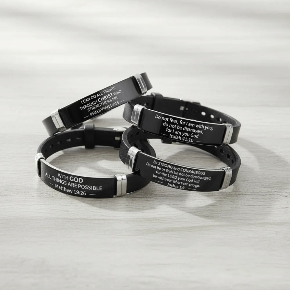 Pulsera de Acero Inoxidable Negro con Versículo Bíblico, Material de Silicona, Pulsera de Fe Cristiana Ajustable