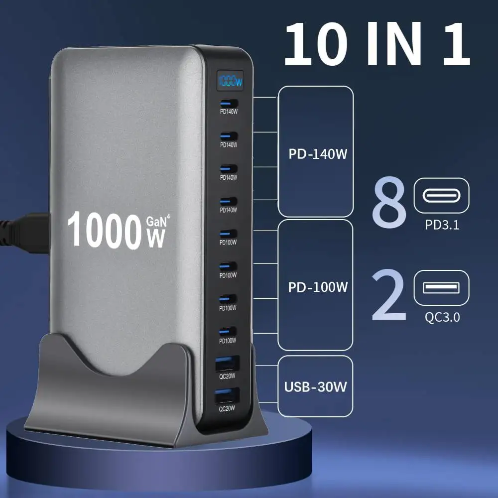 1000W/950W/880W/810W GaN Charger USB C Fast Desktop 10-port USB Type C PD3.1 Charger Fast Charging f