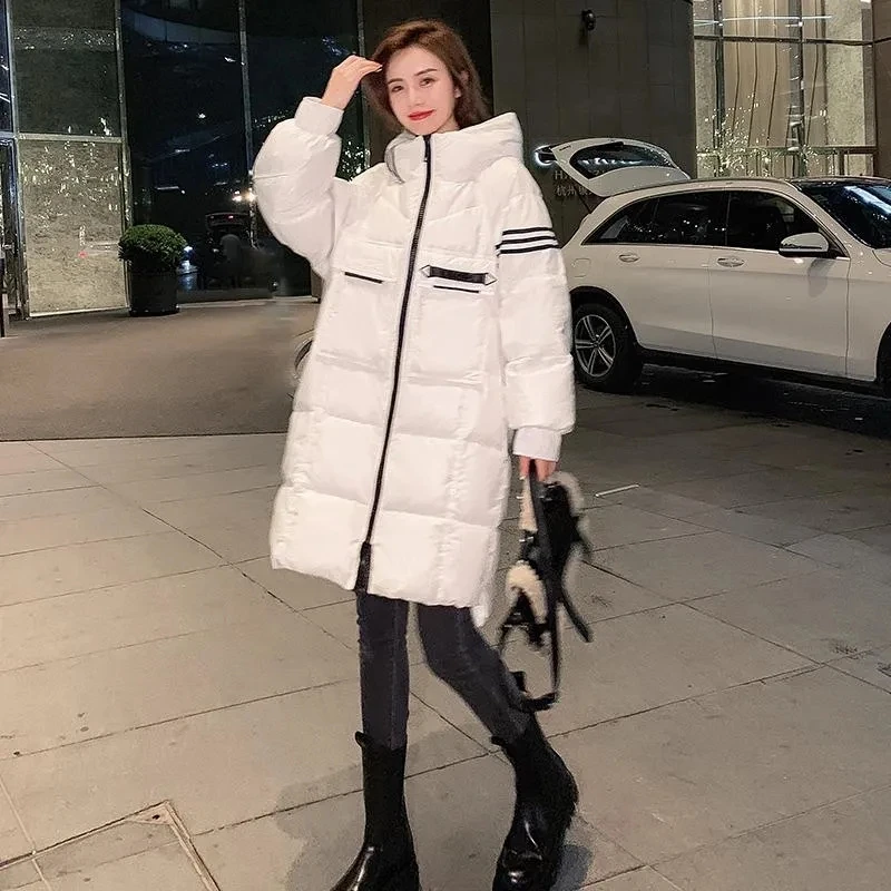 Korean Down Jacket Women's 2024 Winter New Medium To Long White Duck Down Coat Casual Hooded Loose Thicken Outerwear