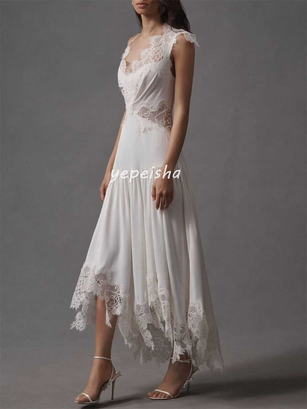 Tallas sexys personalizadas disponibles Jersey de encaje plisado Línea A Vestidos midi con cuello en V Vestidos para ocasiones a medida Estilo moderno de alta calidad