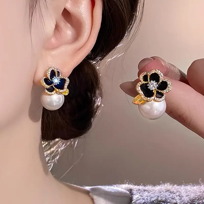 Polished Black Camellia Pearl and Zircon Flower Stud Earrings; Fashionable Gifts for Women and Girls