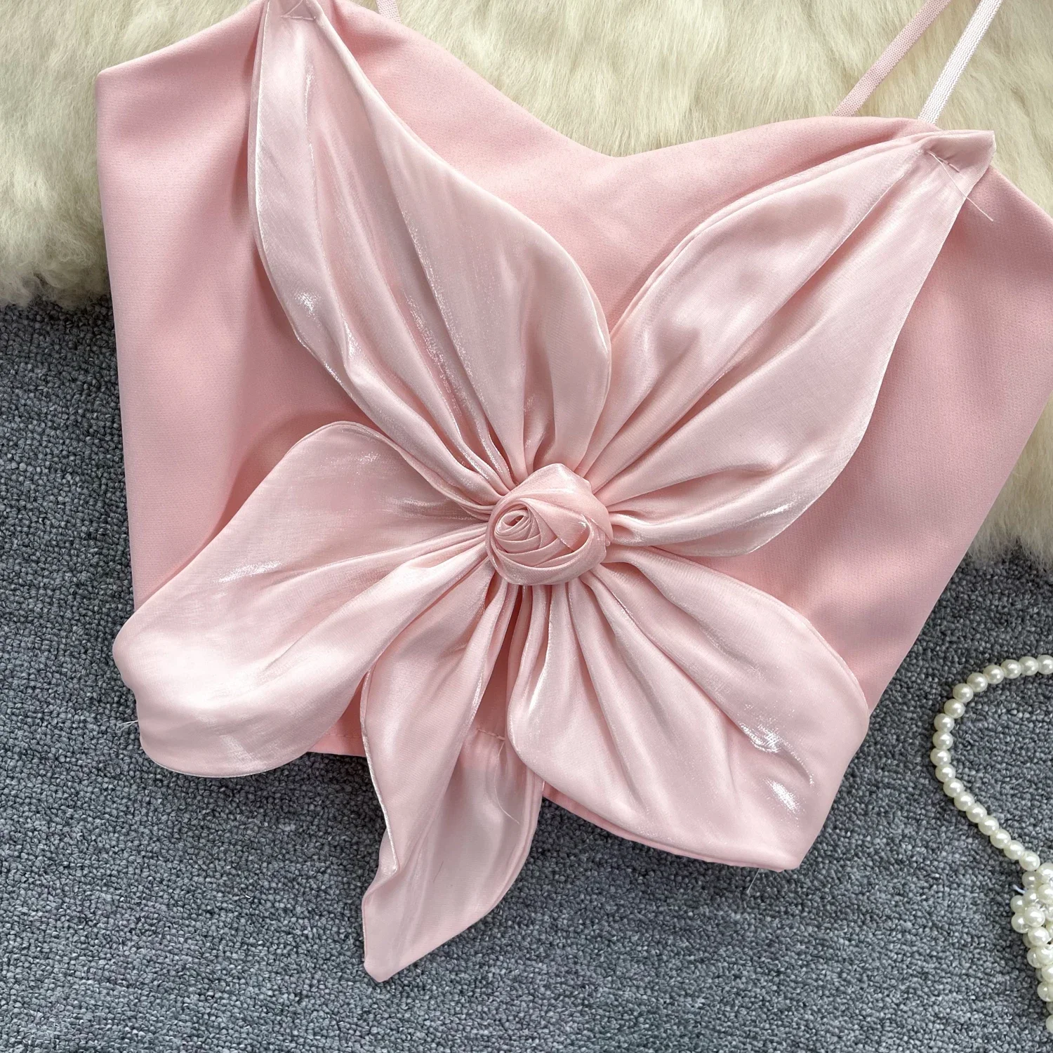 New Chic Vintage sleeveless sweet slim Three-dimensional Flower Tank Top Korean Fashion Summer Beach Women Crop Top