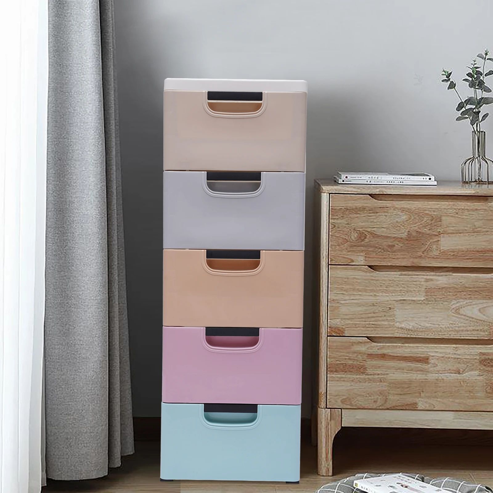 

5-layer Rectangular Storage Bin, Plastic Drawers Dresser Storage Cabinet with Bottom Four Wheels for Neatly Storing Books