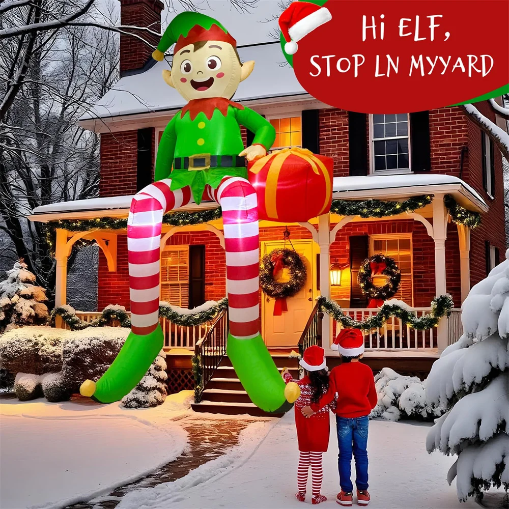 8FT عيد الميلاد نفخ الجلوس قزم مع هدية حزمة الزينة المدمج في LED للخارجية شعاع سقف شجرة حفلة ساحة الزينة