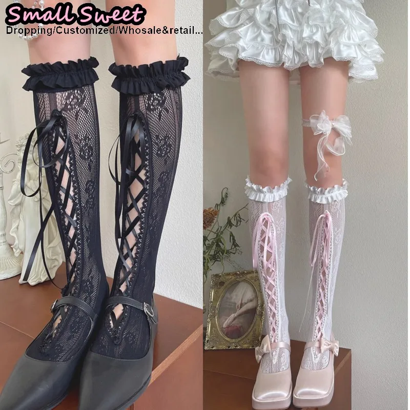 Ballet Japanese Women Fold Lace JK Tie Bow Lolita Sweet Cool Y2K Girl Lovely Soft Knee-High Tube Calf Socks Stacked Socks