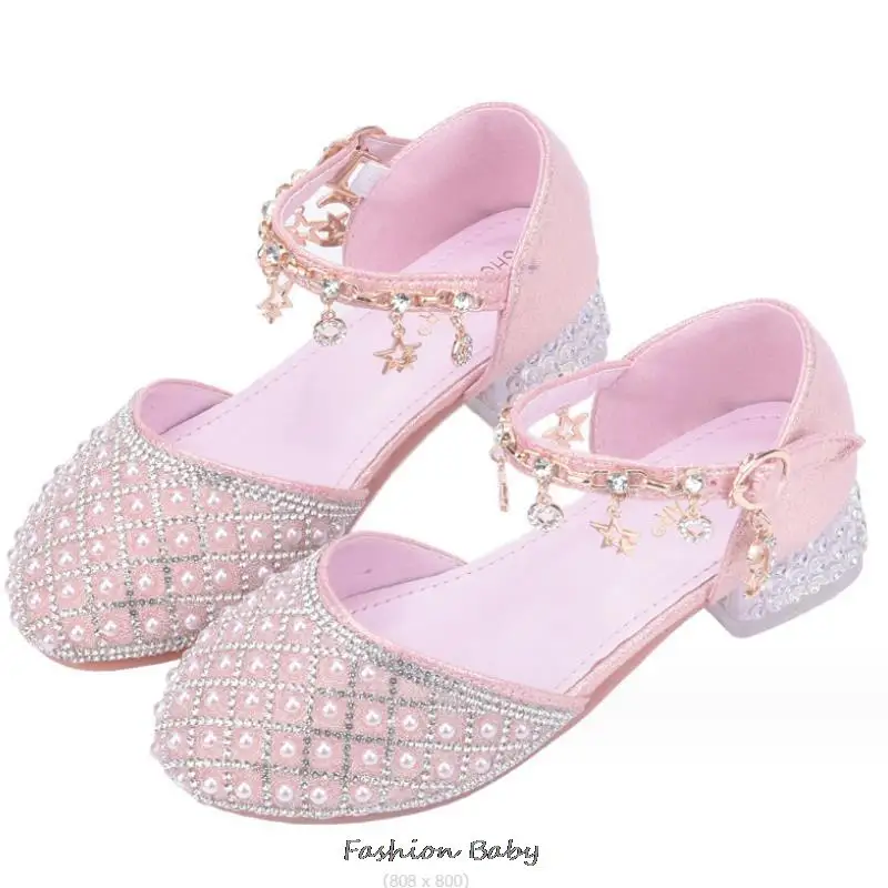 Princess Girls High Heels New Children With Pink Dance Single Girl Crystal Sandals Bowknot Rhinestone Beaded Leather Shoes