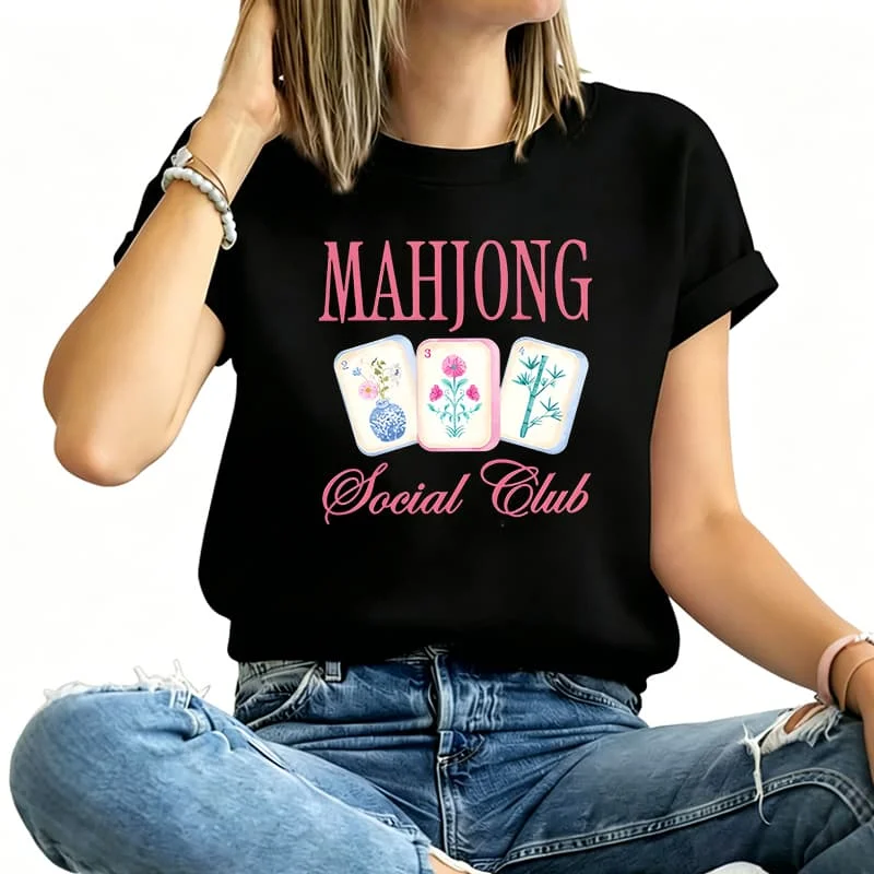 Floral Mahjong Tiles Print Women's T-Shirt 100% Cotton Funny Graphic Short Sleeve Tee Novelty Shirt Casual Crew Neck Top S-5Xl