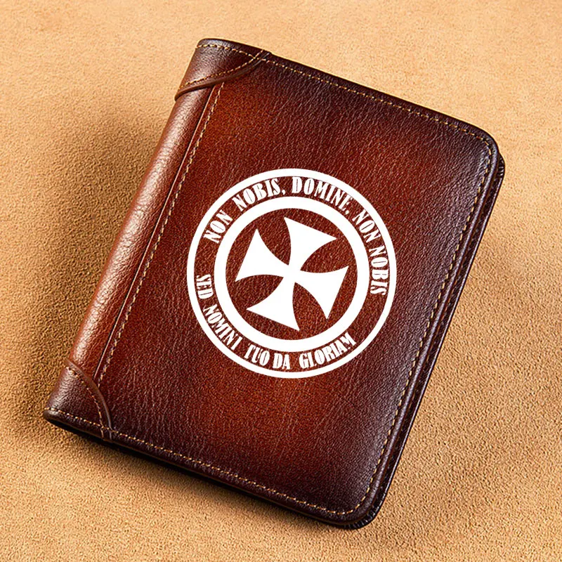 High Quality Genuine Leather Wallet Antique Knights Templar Cross Printing Card Holder Male Short Purses BK869