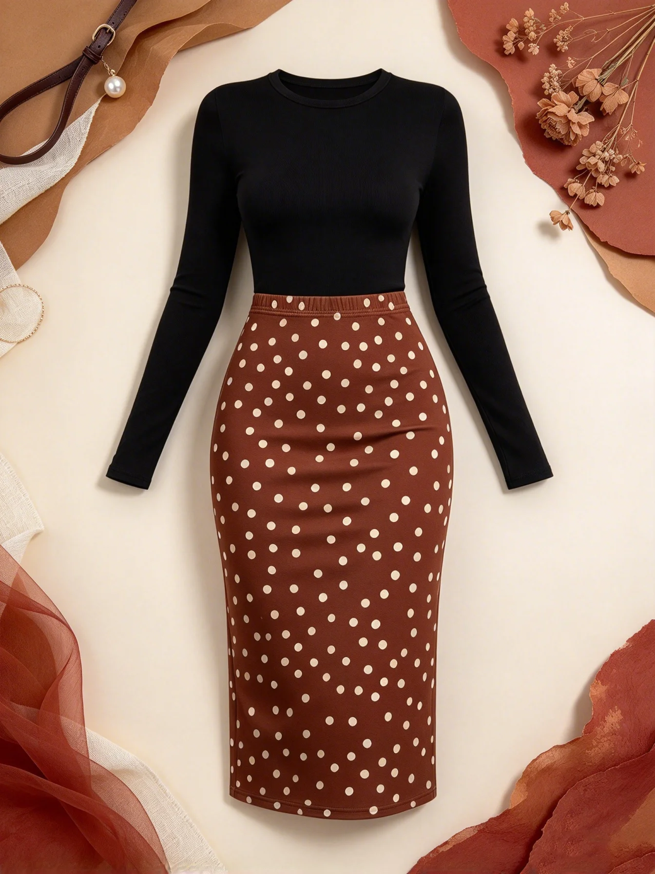 Women's Casual Solid Color Suit Square Collar Long Sleeve T-Shirt Top with Waist Cinch Elastic Waist Skirt Set