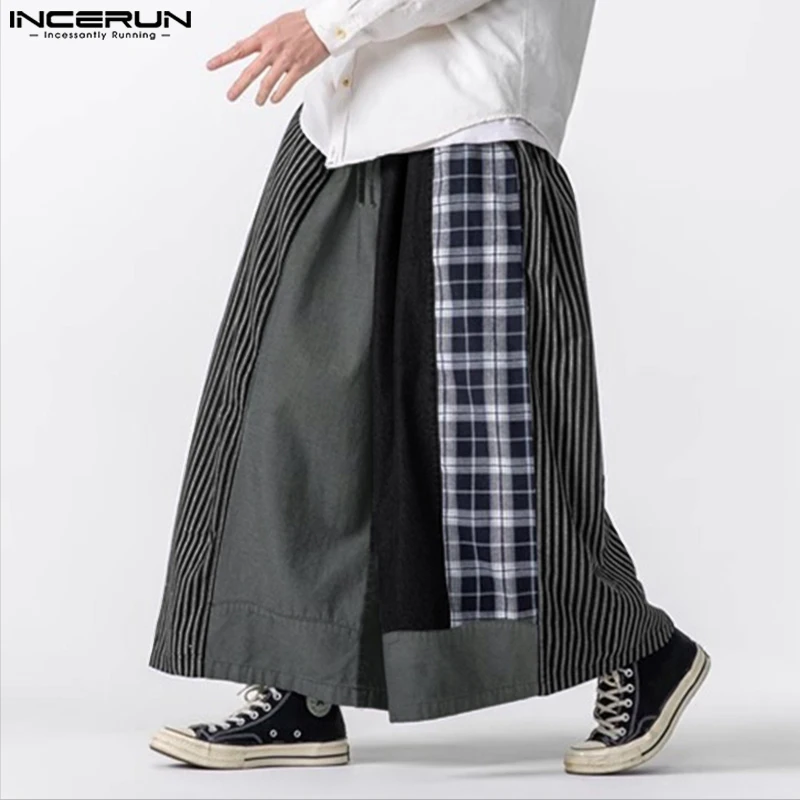 

INCERUN Men Wide Leg Pants Striped Plaid Patchwork Elastic Waist Joggers Trousers Men Oversize Streetwear 2025 Casual Male Pants