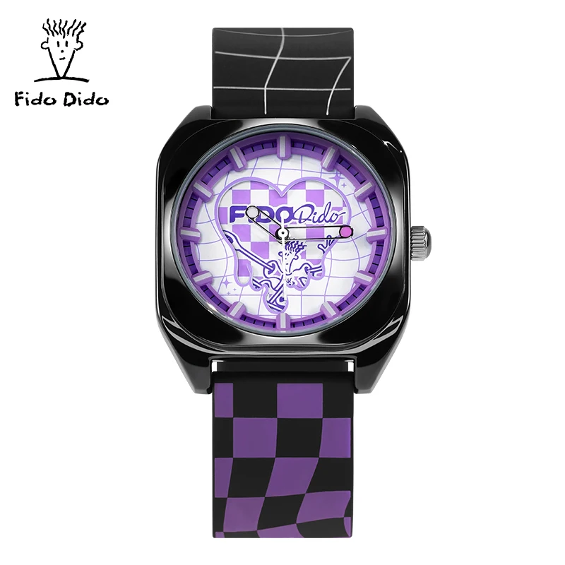 Fido Dido Dopamine Series 50M Waterproof Silicone Couple Watches Quartz Movement Street Retro Black Purple Sports FD2323-931
