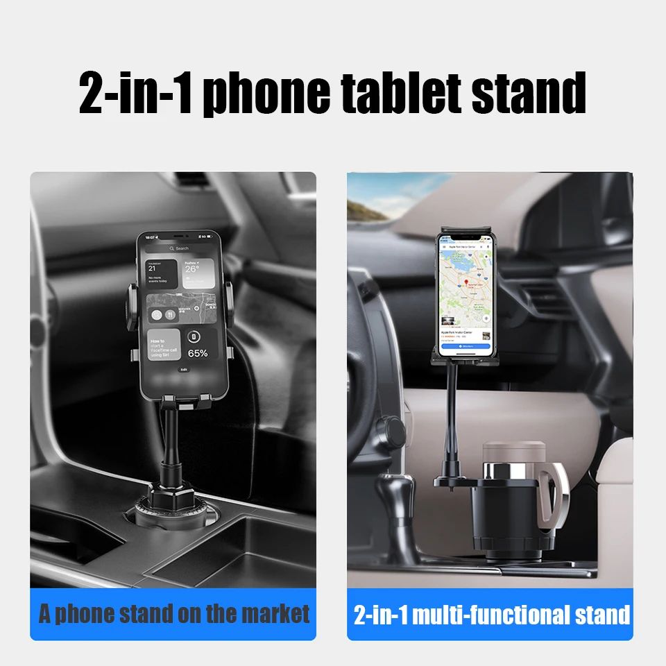 HKGX 2 In 1 Car Phone Holder Car Cup Holder Multifunction Tablet stand Car Drinks Holder with Food Tray 360° Swivel Adjustable