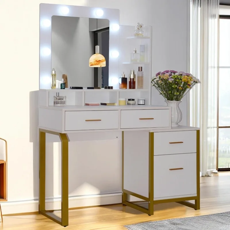 Table de Maquillage Blanche avec Miroir et Lumières, Commode 8 LED, 4 Broches de Rangement