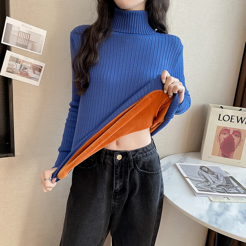 

Fce Lined High Ne Knit Sweater Women Long Sve Slim Fit Waist Cinched Thiened Sli Base Layer Top Korean Sle