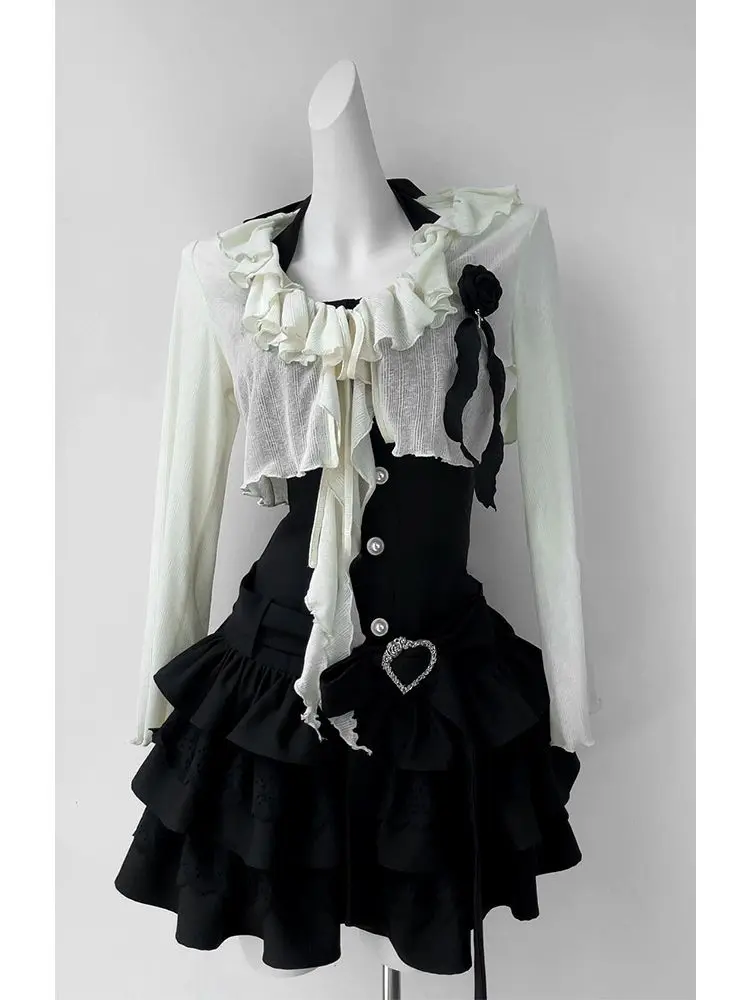 

Gothic Y2K Two Piece Dress Set Ruffle Tiered Black White Bow Rose Pearl Heart Rhinestone Button Women Girls Daily Party Clubwear