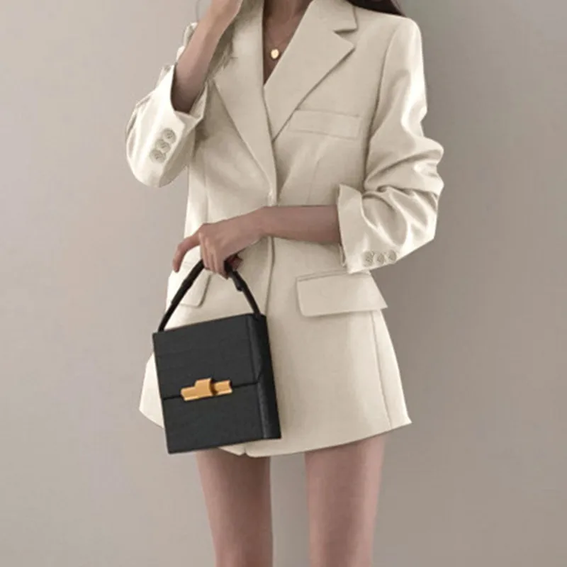 Herfst Elegant Koreaanse Lange Dames Blazer Jas Office Lady Casual Slim Pak Blazers Witte Jas Effen Werk Dames Bovenkleding 2022