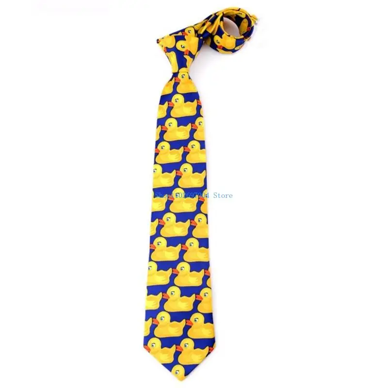 

N7YF Novelty Rubber Duck Pattern Men Necktie Office Wedding Attires Soft Polyester Fabric Humorous Fashion Detail Long Tie