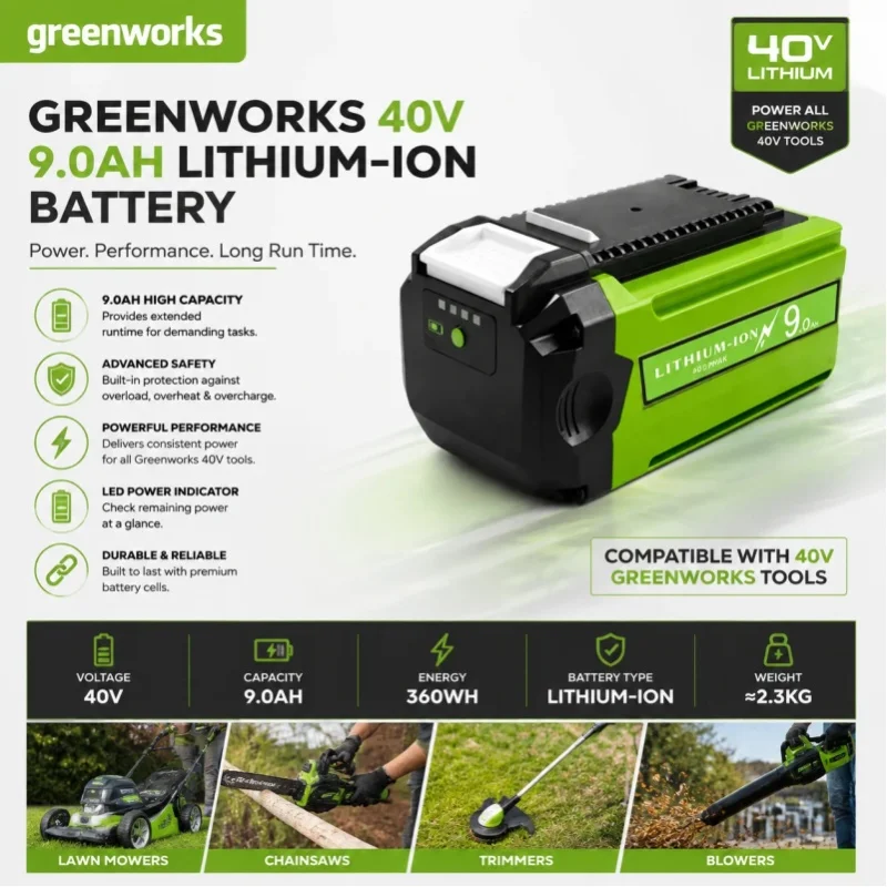 9,0Ah 40V Ersatz-Lithium-Ionen-Akku, kompatibel mit Greenworks G-MAX 40V Elektrowerkzeugen, für Rasenmäher, Laubbläser, Kettensäge, Heckenschere, Schneefräse, mit integriertem Smart-Schutz.